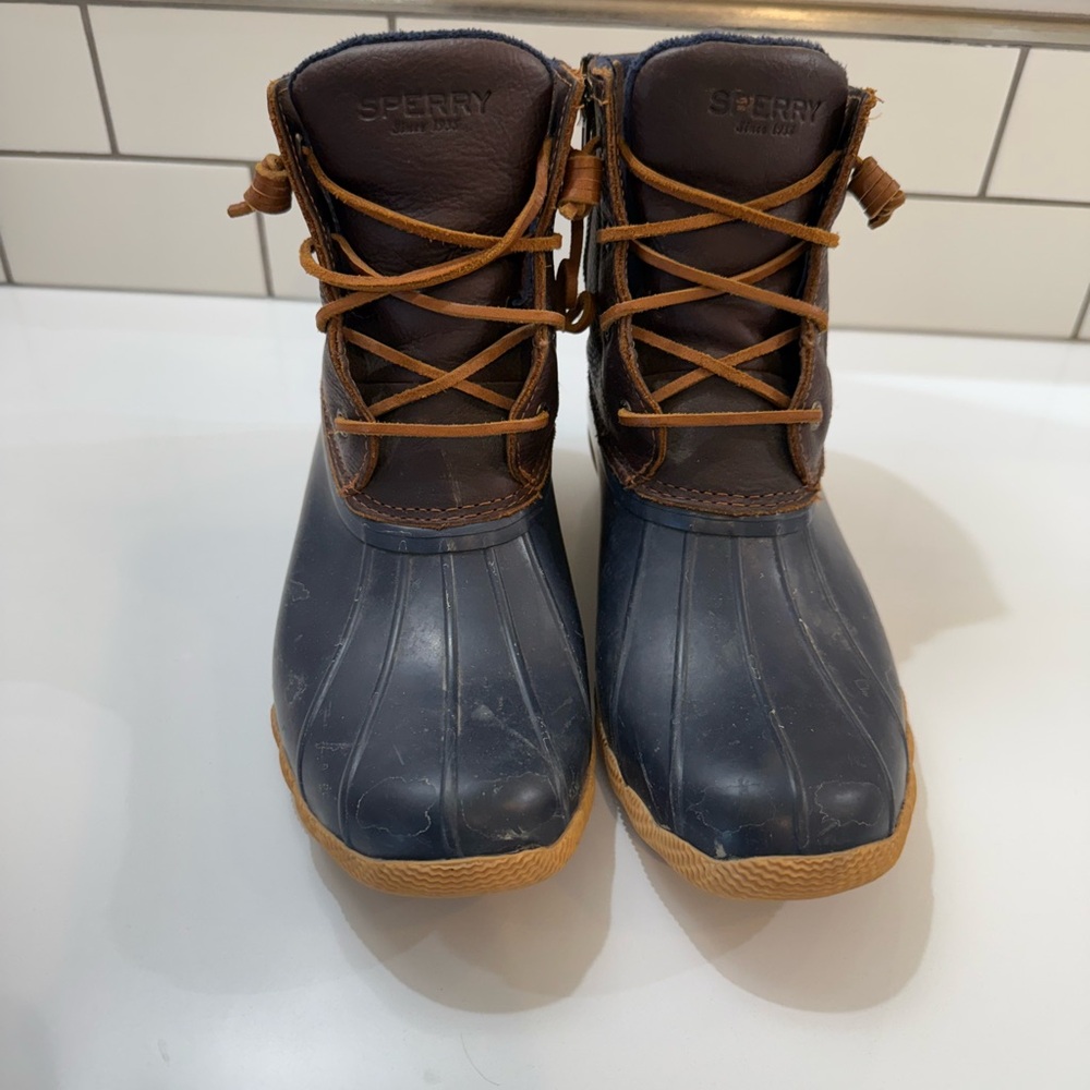 Sperry Leather and Rubber Boots in Brown and Navy